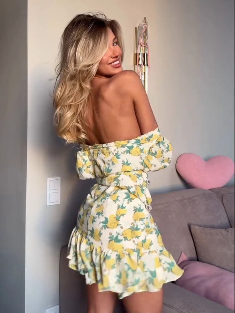 Elegant Print Low-cut Ruffle Short Dress Women V-neck Short-sleeved Waist Cinching Pleated Mini Dresses Casual Party Vestidos