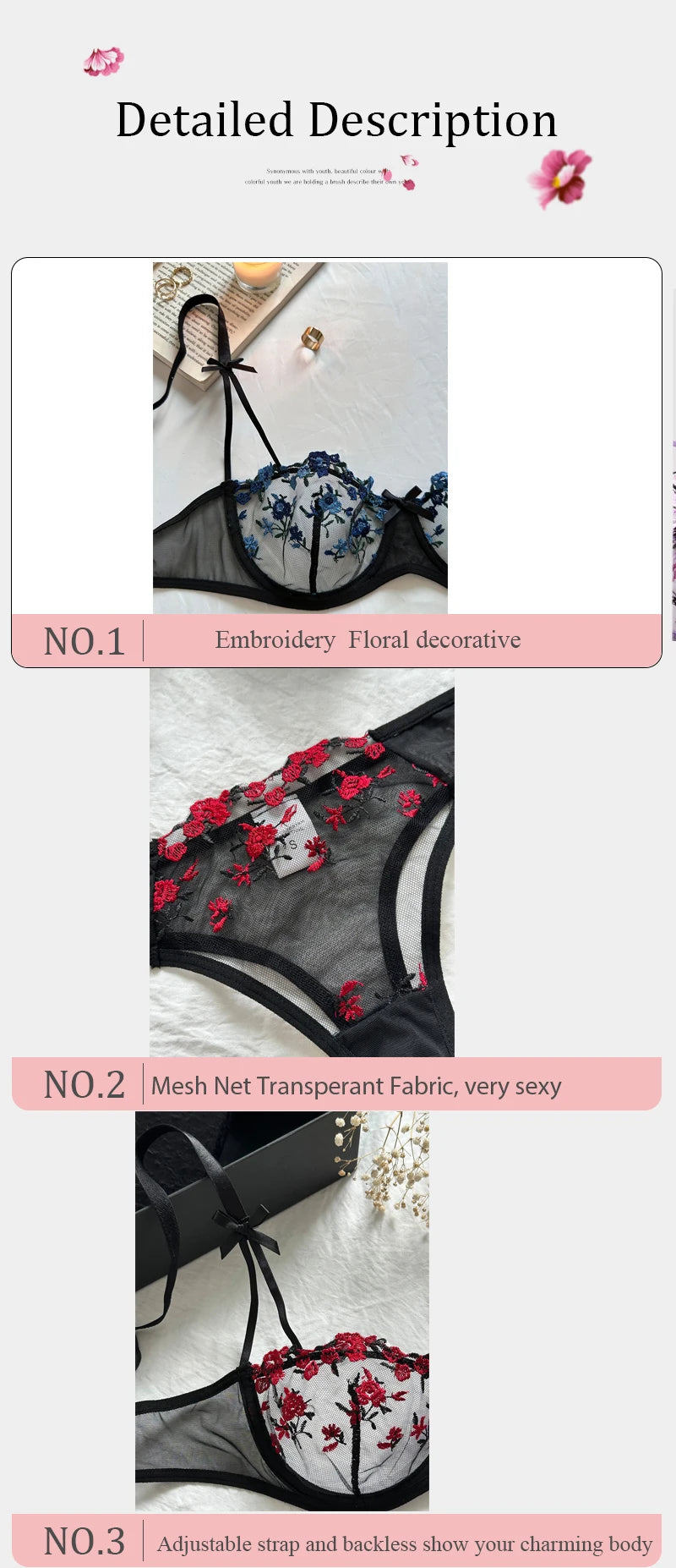 Women's Floral Embroidery Lace Lingerie Set – Sexy 2-Piece Underwear Bra & Briefs