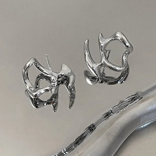 Y2K Silver Liquid Geometric Clip Earrings – Hip-Hop Punk Style