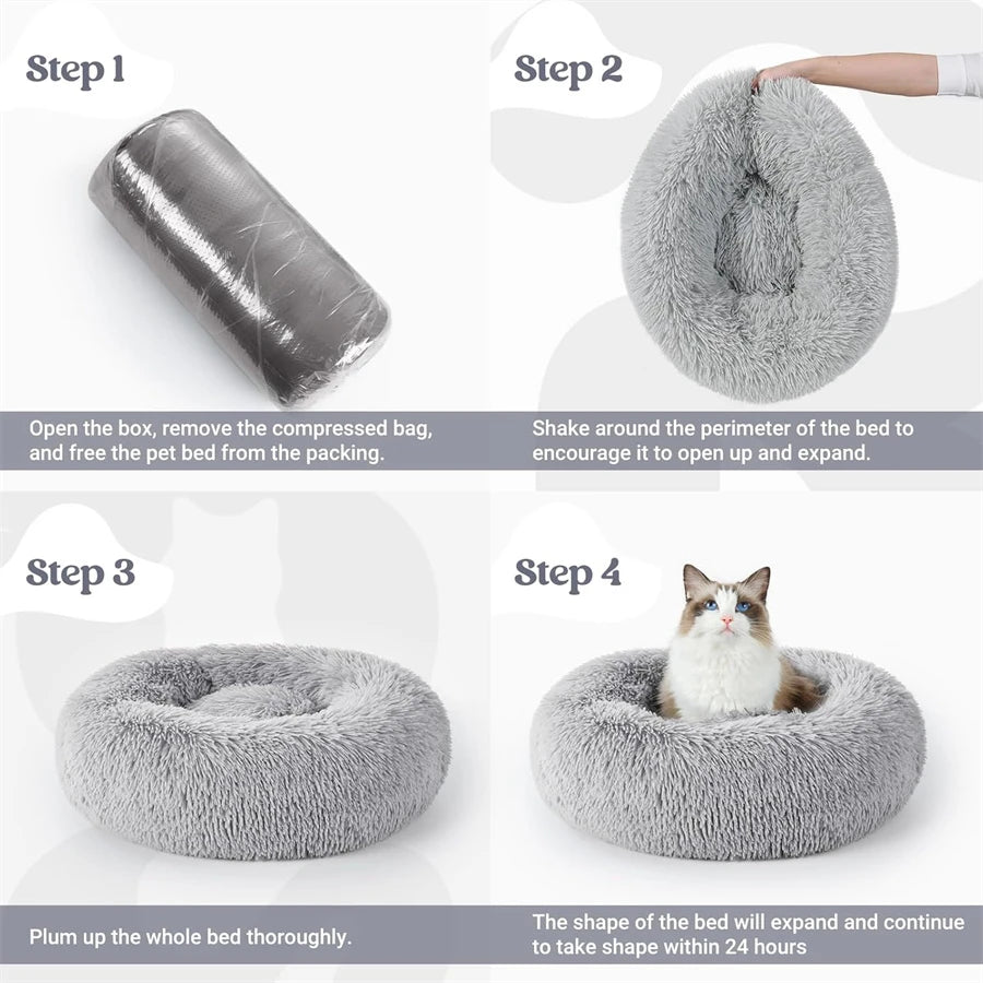 Soft Long Plush Cat House Beds dog Calm Warm Faux Fur Bed Donut Round Comfortable Sleeping Bed Washable for Small Medium Dog Cat