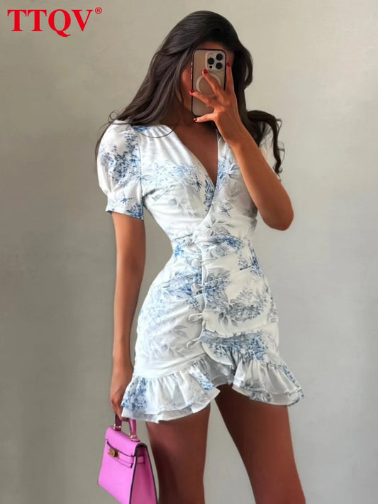 TTQV Sexy Slim Print Women's Dress 2026 Summer V-Neck Short Sleeve Mini Dresses Elegant Classic Ruffles Female Dress Streetwear