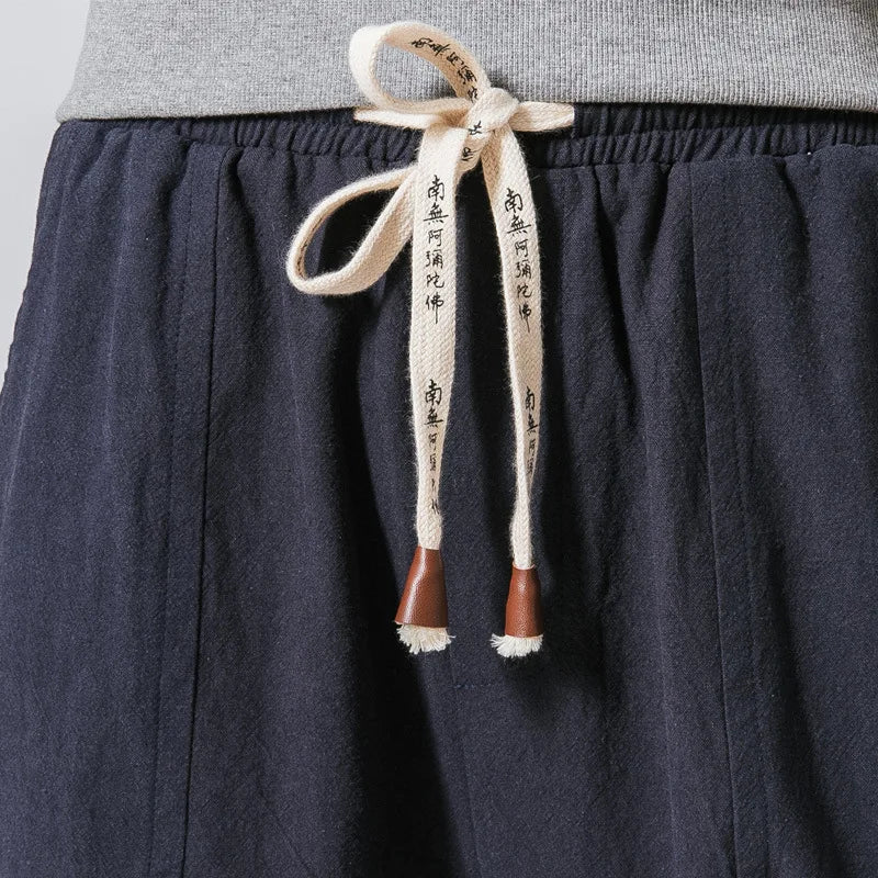 Chinese style Cotton Linen Harem Pants Men Solid Elastic Waist Streetwear Joggers Baggy Drop-crotch Pants Casual Trousers Men