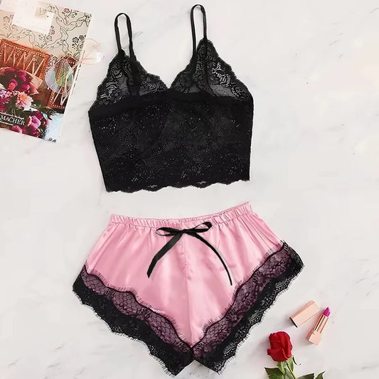 Women's Sexy Lace See-Through Pyjama Set – 2-Piece Suspender Cami & Shorts Sleepwear