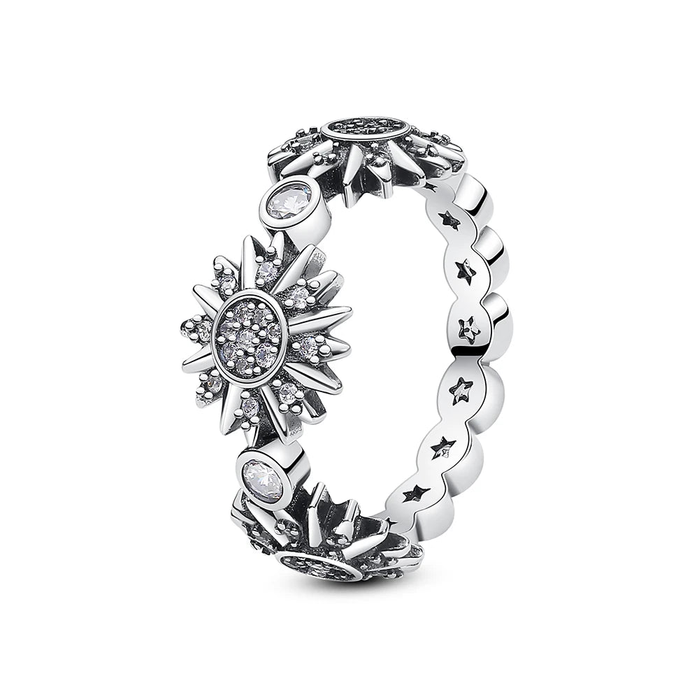 Original 925 Sterling Silver Rings Sun Moon Star Pave CZ Gold Color Stackable Ring For Women Engagement Gift Jewelry