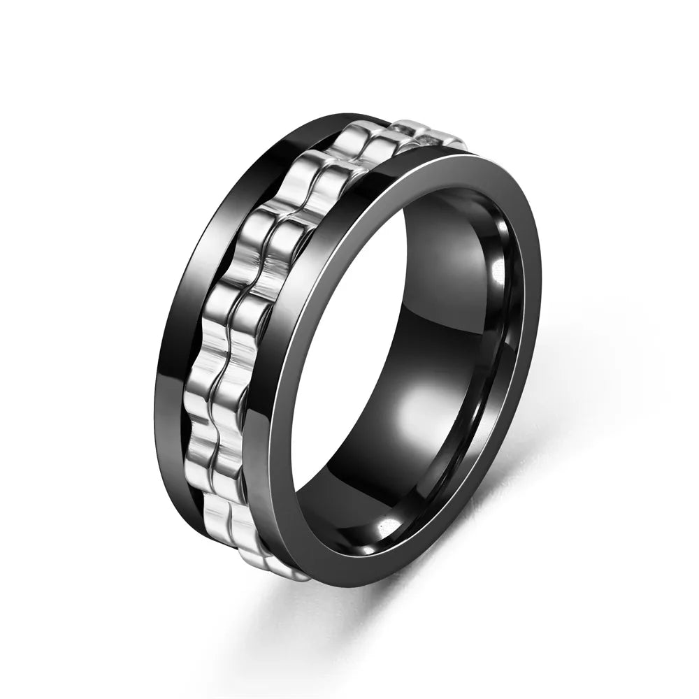 Anti Stress Stainless Steel Ring For Men Gear Chain Rotating Anxiety Relief Spinning Fidget Rings Punk Jewelry Size 6-13