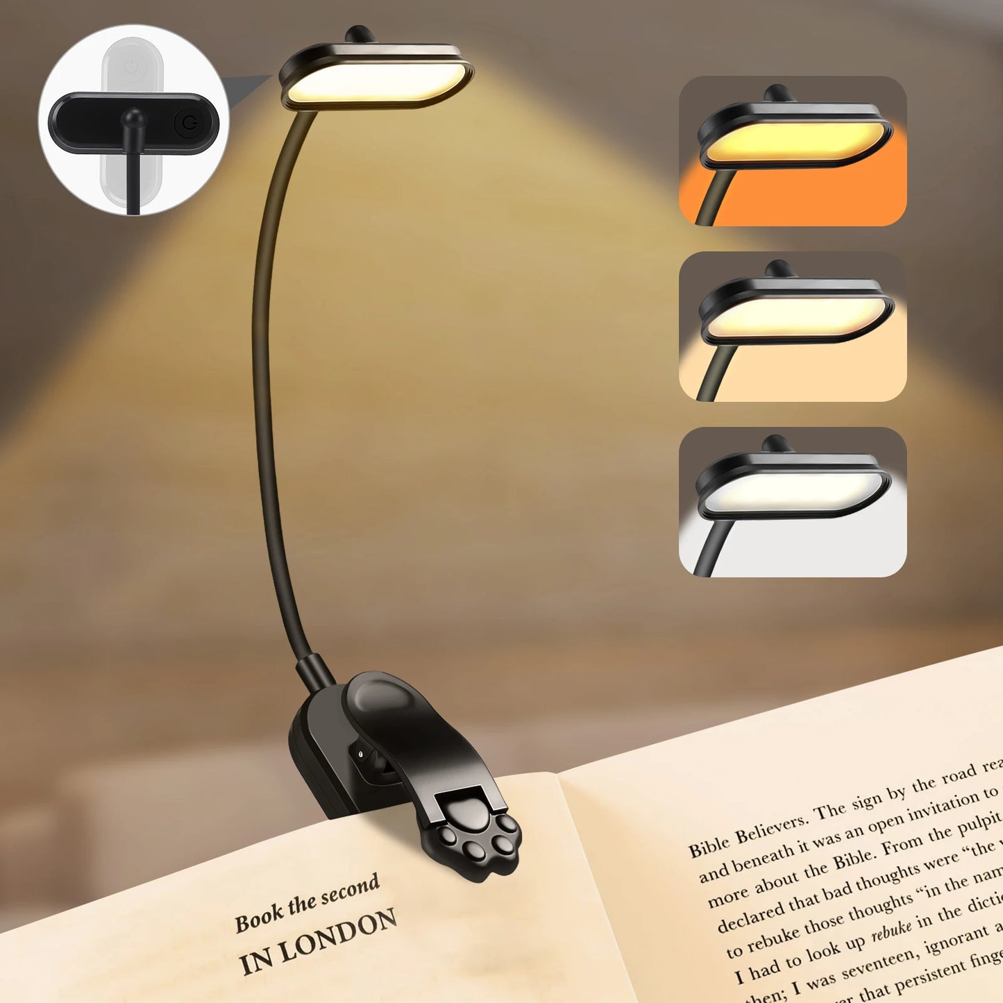 LED Book Light USB Rechargeable Reading Light 3-Level Warm Cool White Daylight Portable Flexible Easy Clip Night Reading Lamp