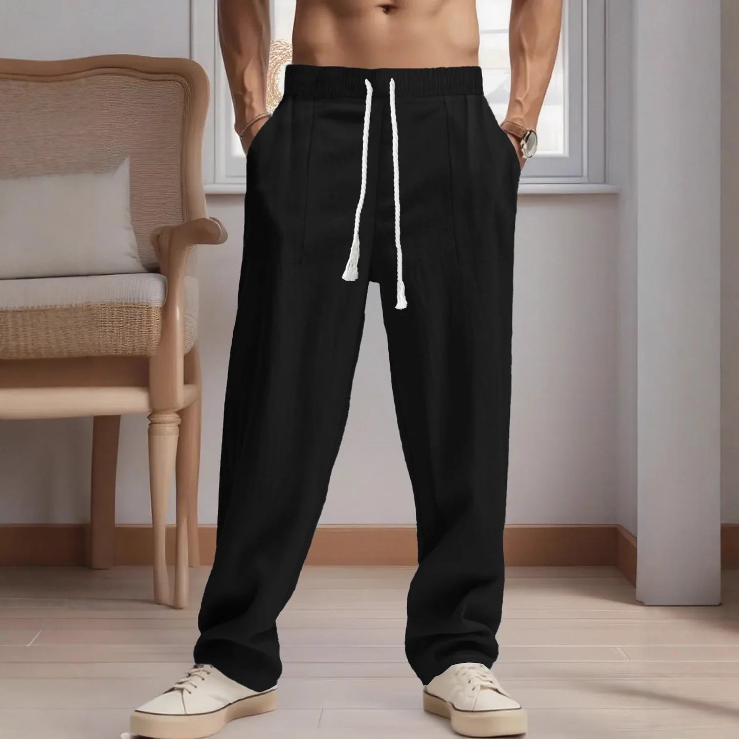 New men's Chinese-style solid-color cotton and linen pants for spring and autumn, with multiple pocket drawstring designs