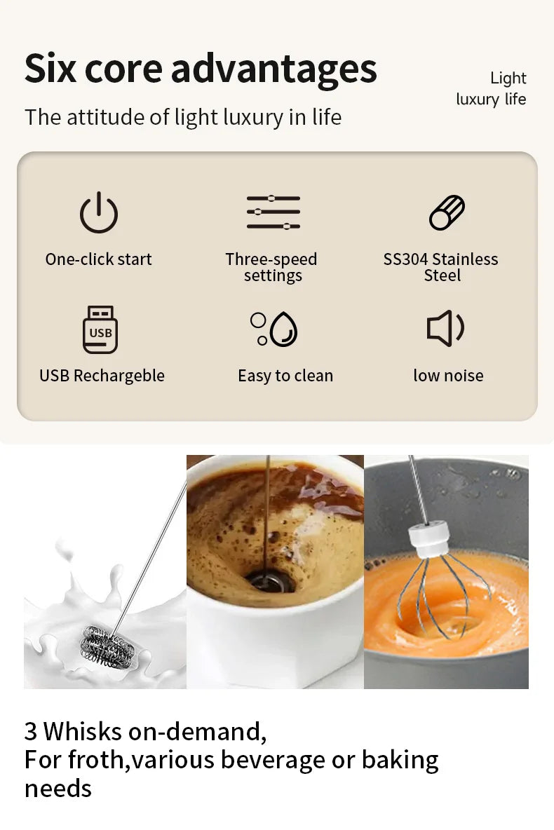 Wireless USB-C Electric Milk Frother – Handheld Stainless Steel Coffee Whisk