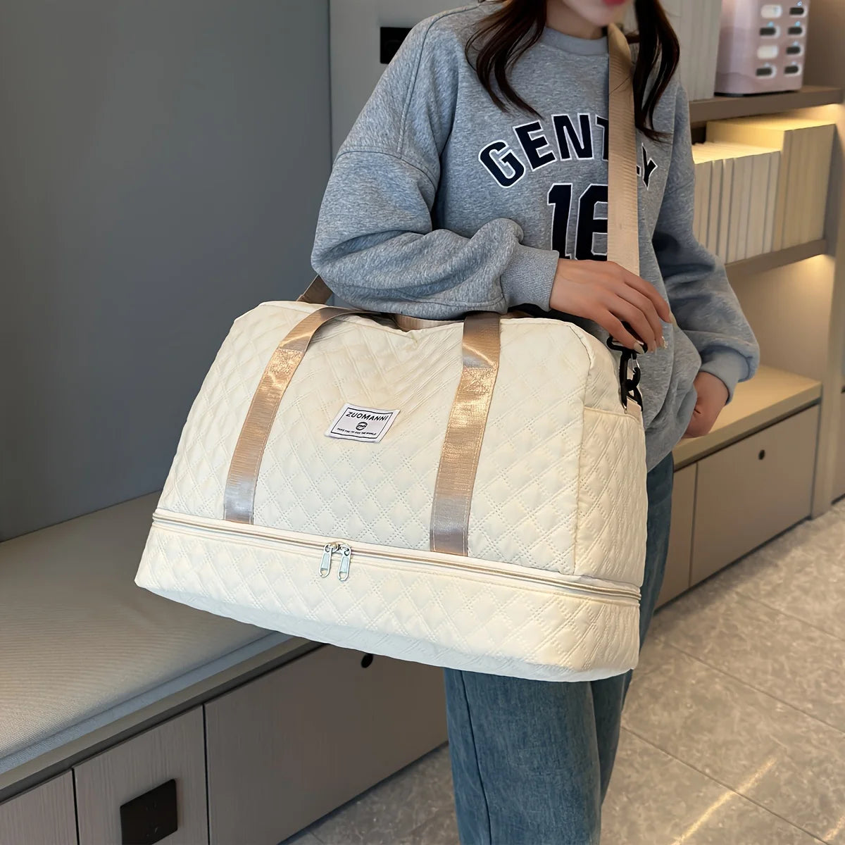 Casual nylon travel luggage bag,  large capacity sports and fitness storage, multi pocket portable weekender overnight bag