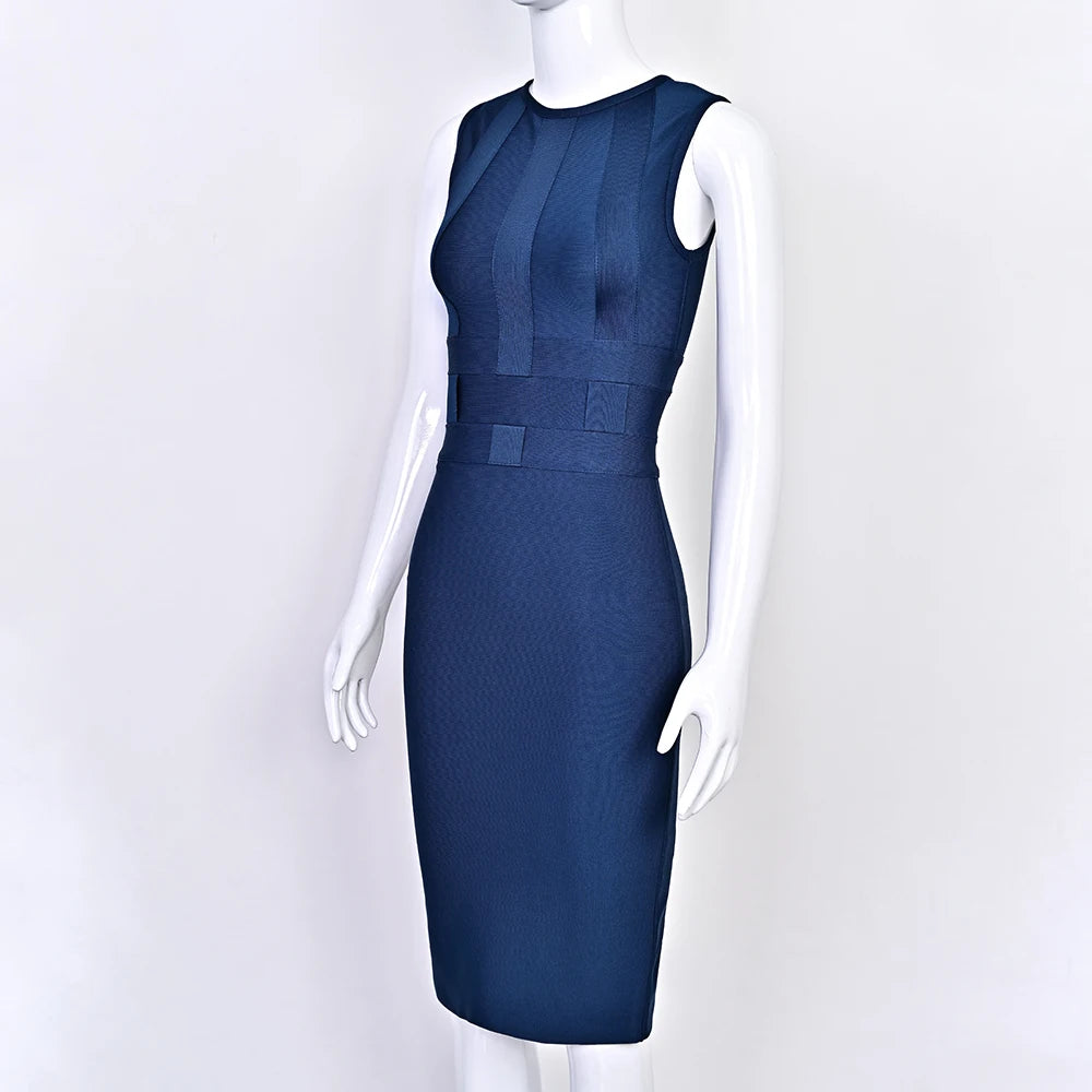 BEAUKEY 2025 New Trendy Vintage Woven Evening Bandage Dress Navy Blue Party Bodyon Dress Women Luxury Celebrity Elegant Dresses