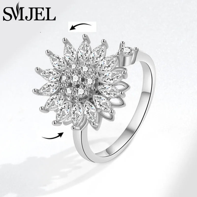 Bohemia Fidget Spinner Ring Anxiety for Women Multiple Crystal Flower Adjustable Open Rings Rotate Anti Stress Wedding Jewelry