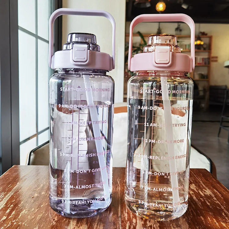 2-Litre Large Capacity Sports Water Bottle with Straw – Time Marker Fitness Jug
