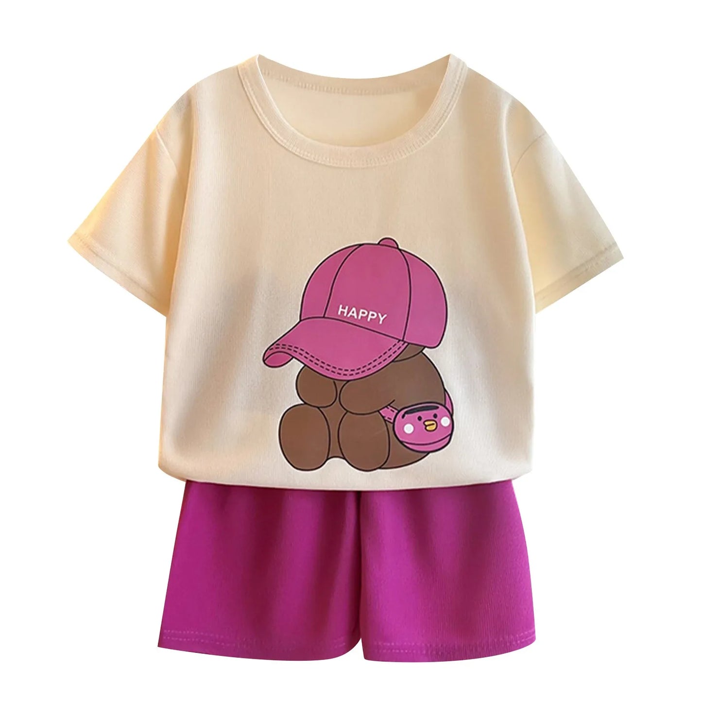 Children Boys 2pcs Tracksuits Cotton Bear Printed Short Sleeves+Shorts Kids Boys Outfits Loose Round Collar Little Boys Tee Suit