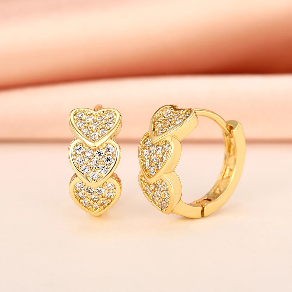 Huitan Gold Color Heart Hoop Earrings Full Paved Dazzling CZ Dainty Exquisite Women's Ear Earrings Bridal Wedding Love Jewelry