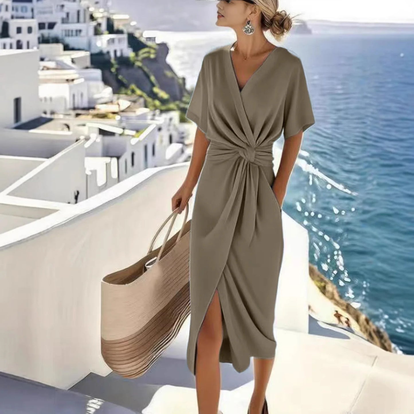 Women Dresses 2026 new fashion solid color wrapped lace-up V neck slit knot mid-calf dresses women's clothing vestidoes