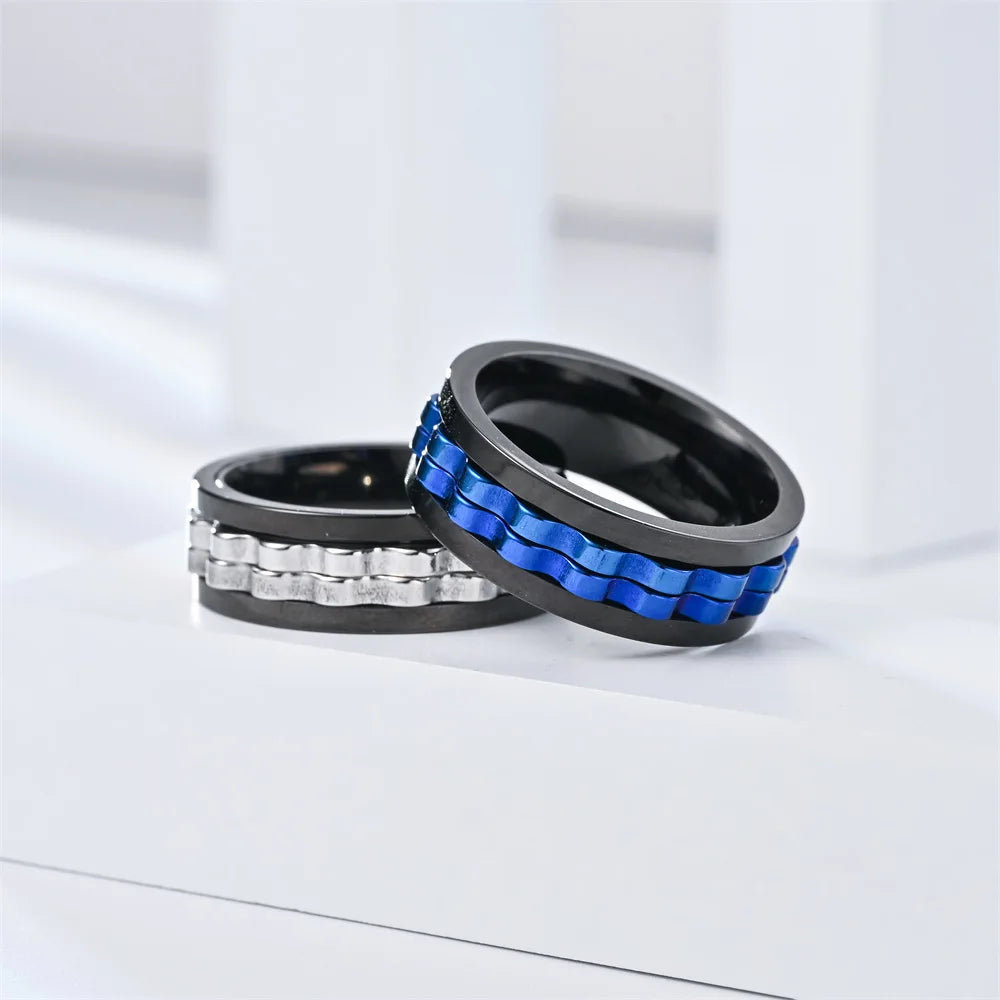 Anti Stress Stainless Steel Ring For Men Gear Chain Rotating Anxiety Relief Spinning Fidget Rings Punk Jewelry Size 6-13