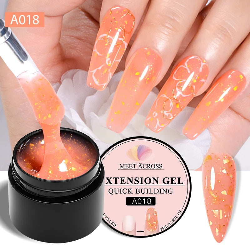 MEET ACROSS 8ml Gold Foils Quick Extension Gel Nail Polish Pink Nude Orange Glitter Finger Prolong Nail Art UV Hard Gel Nails