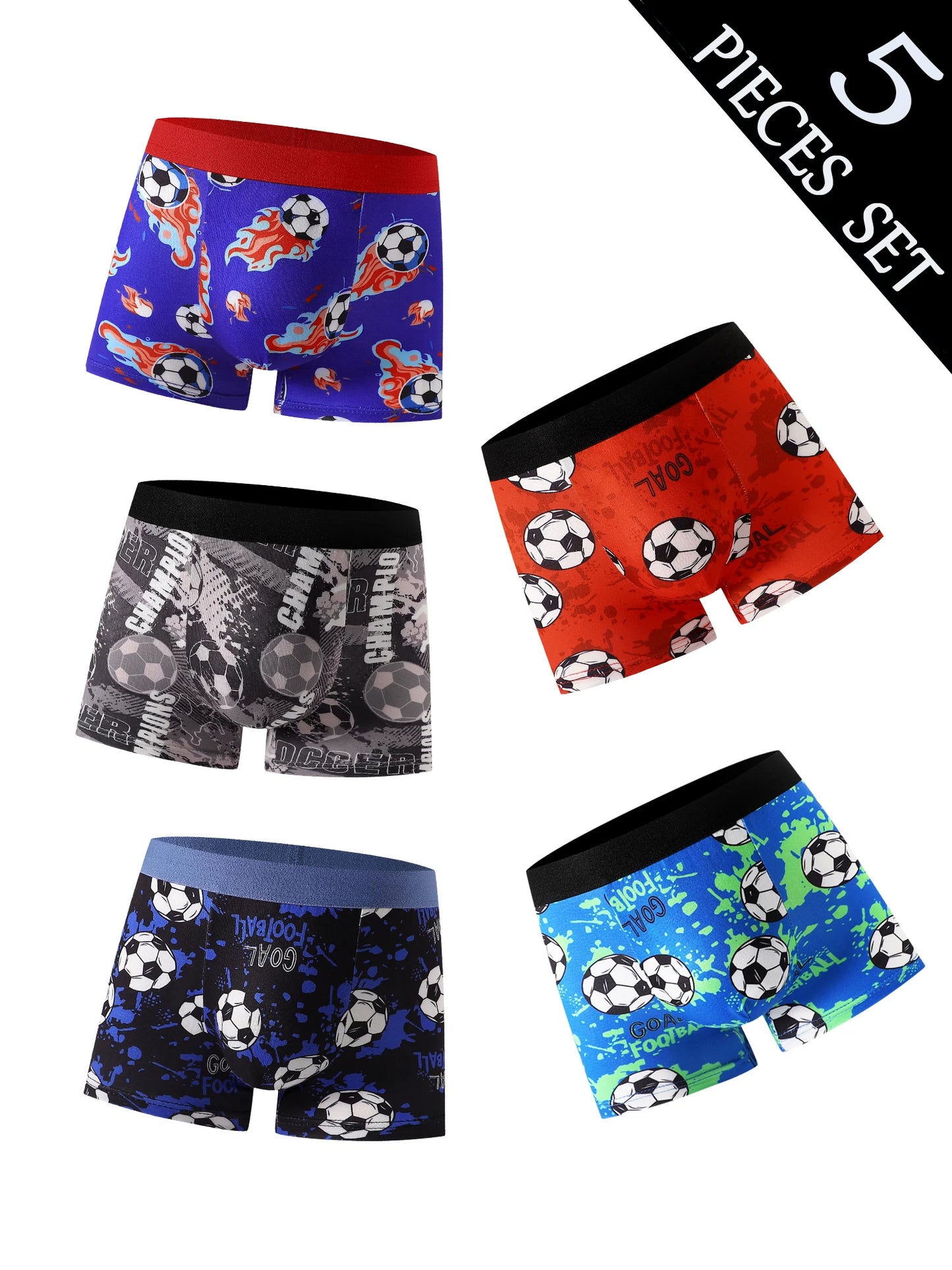 5-Piece Mixed Set of Boys' Underwear with Football Print, Soft and Comfortable, Suitable for Elementary School Students, Home Casual Wear, and Sports, for Children Aged 4-8