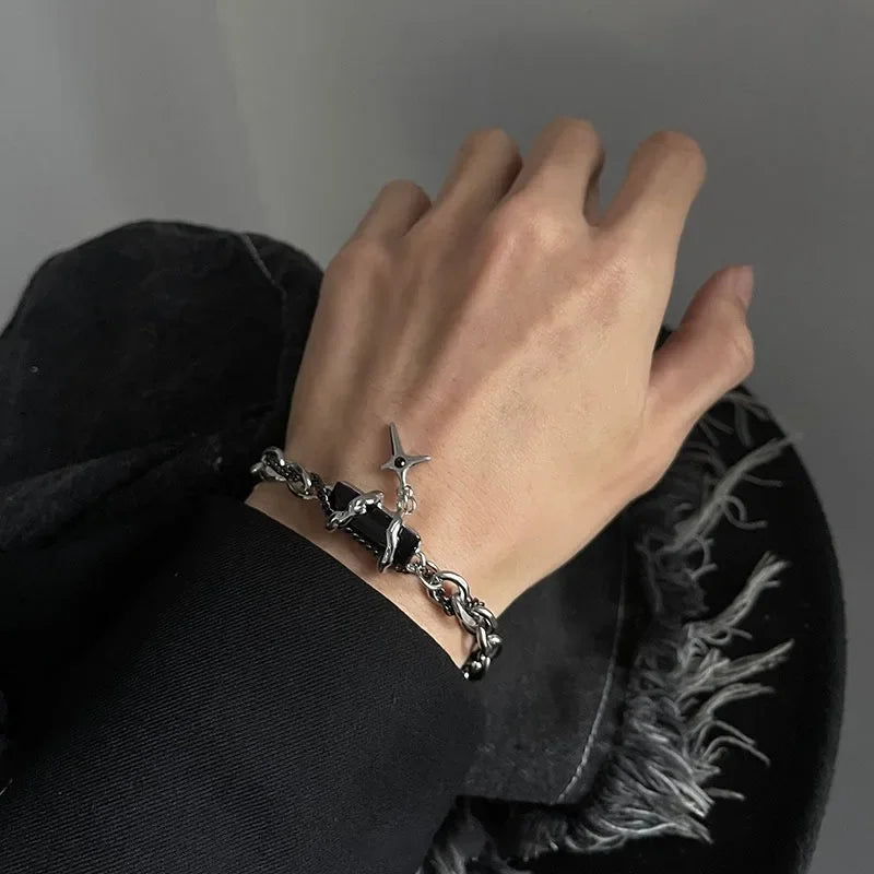 Men Bracelet 2024 Retro Black Zircon Star Chain Women Stainless Steel Punk Bracelets on Hand Unisex Jewelry Couple Accessories
