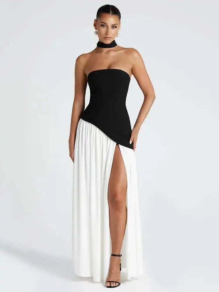Elegant Off-shoulder Strapless Sexy Summer Party Women Gown Patchwork Pleat Scarf Neck Holiday Evening High Split Long Dresses