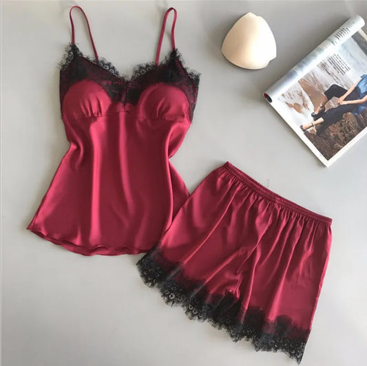 Women's V-Neck Satin Babydoll Lingerie Pyjama Set – Stretch Lace Sleep Shorts Sleepwear