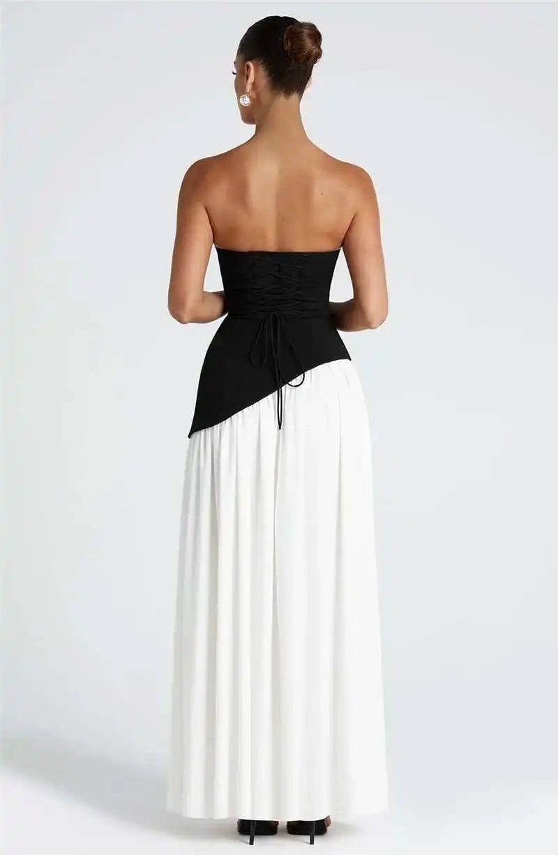 Elegant Off-shoulder Strapless Sexy Summer Party Women Gown Patchwork Pleat Scarf Neck Holiday Evening High Split Long Dresses