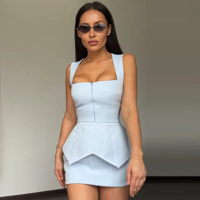 Elegant Printed Women's Dress Sleeveless Square Collar Waist-Closed Lady Mini Dresses With Waist Tape 2026 Summer Female Robe