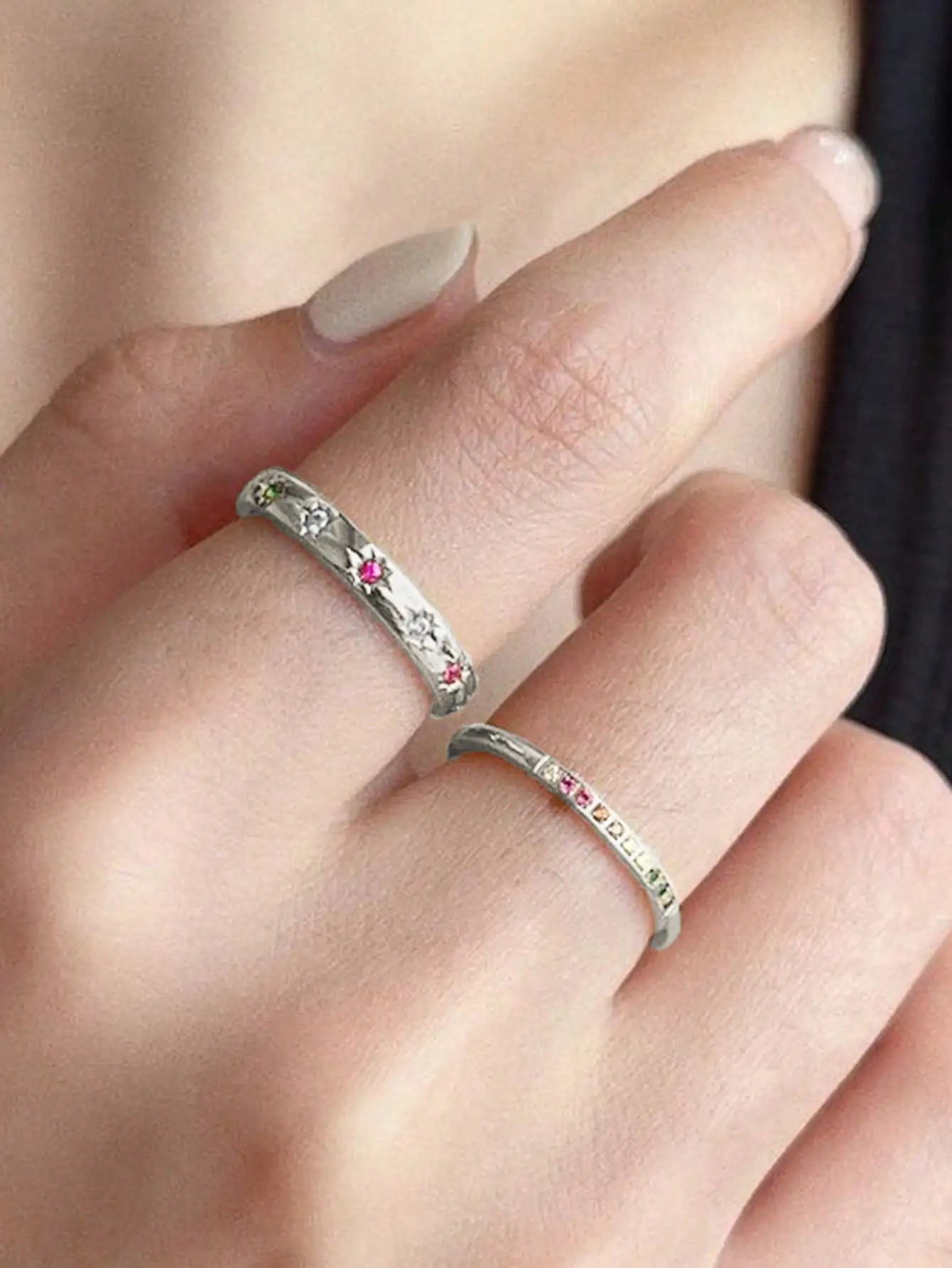 2pcs/Set Colorful Cubic Zirconia Gold-Tone Waterproof Star Rings Set, Jewelry Gift  double rings for friend  jewelry Y2k fashion