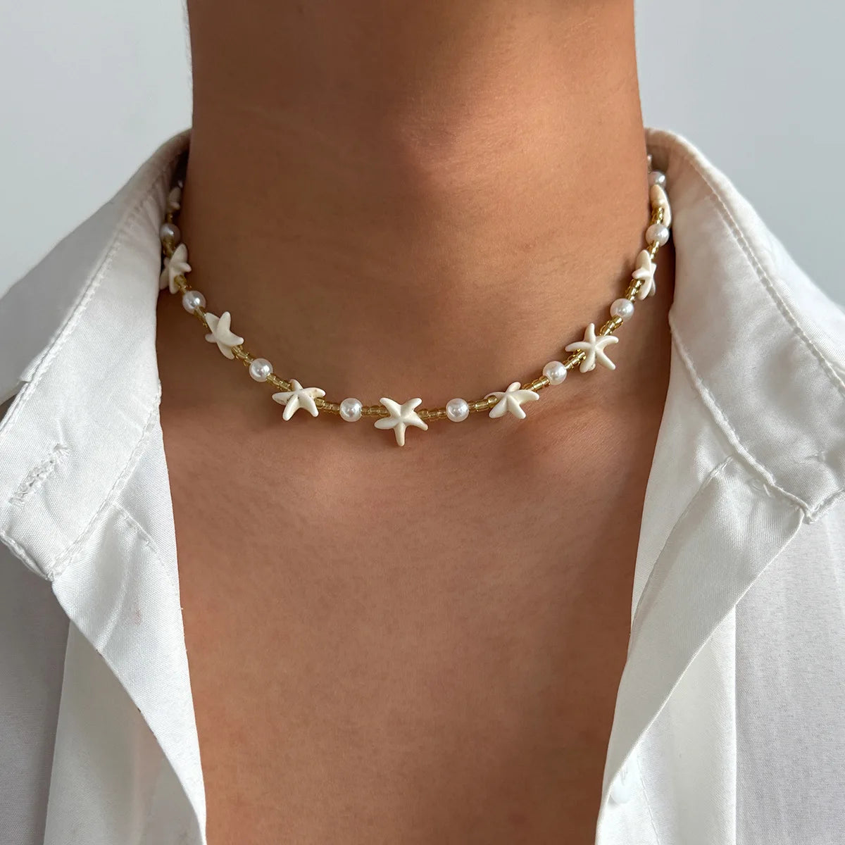 Handmade Seashell Beaded Choker – Starfish Pendant Ocean Inspired Necklace