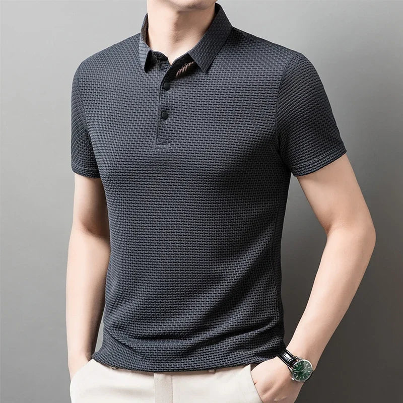 Men's Bone Flower Solid Color Polo Shirt Business Casual Short Sleeve Summer Breathable Versatile Top