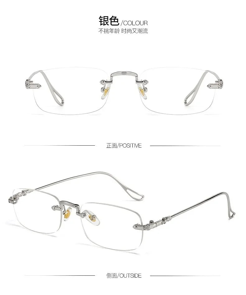 Square Rimless Eyeglasses Women Men Blue Light Blocking Glasses Designer Retro Shade Eyewear UV400 Silver Computer Glasses