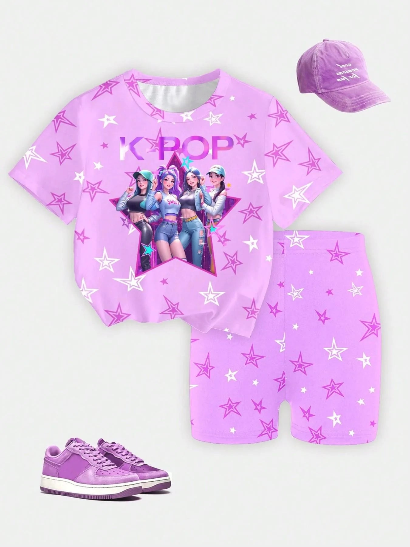 Kids Girls 2-Piece K-POP Star Print Short Sleeve T-Shirt & Biker Shorts Set Casual Streetwear Summer Daily Loungewear Outfit