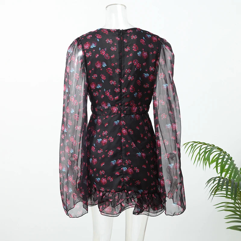Elegant Print Low-cut Ruffle Short Dress Women V-neck Short-sleeved Waist Cinching Pleated Mini Dresses Casual Party Vestidos