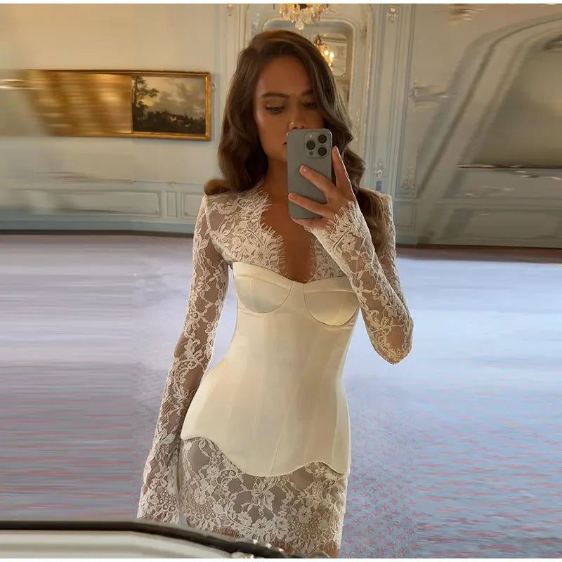 Lace Sheer Sweetheart Neck Maxi Dress Long Sleeve Corset Waist Mermaid Hem Bridal Gown 2026 Summer Elegant Form-Fitting Dresses