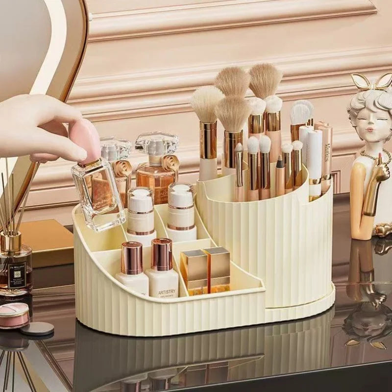 360° Rotating Vanity Makeup Organiser with Brush Holder – Skincare Storage