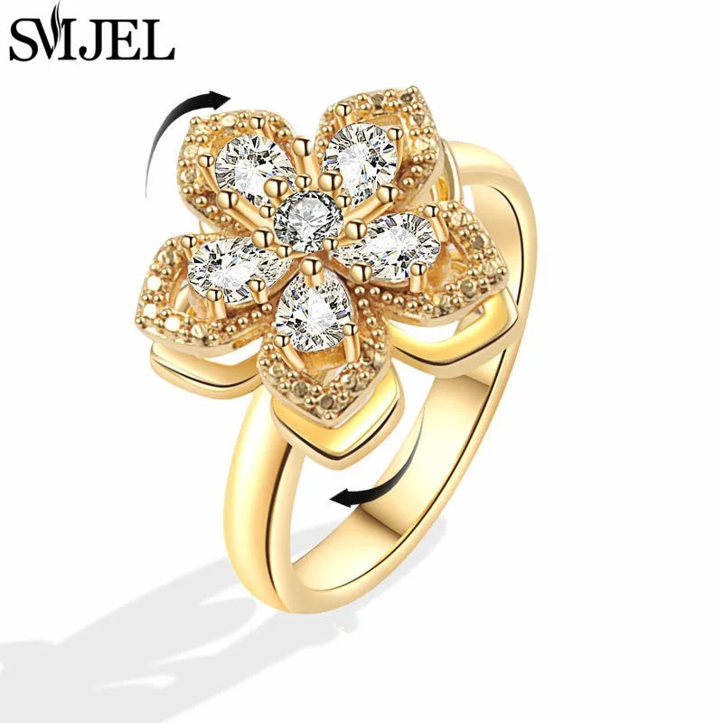 Bohemia Fidget Spinner Ring Anxiety for Women Multiple Crystal Flower Adjustable Open Rings Rotate Anti Stress Wedding Jewelry