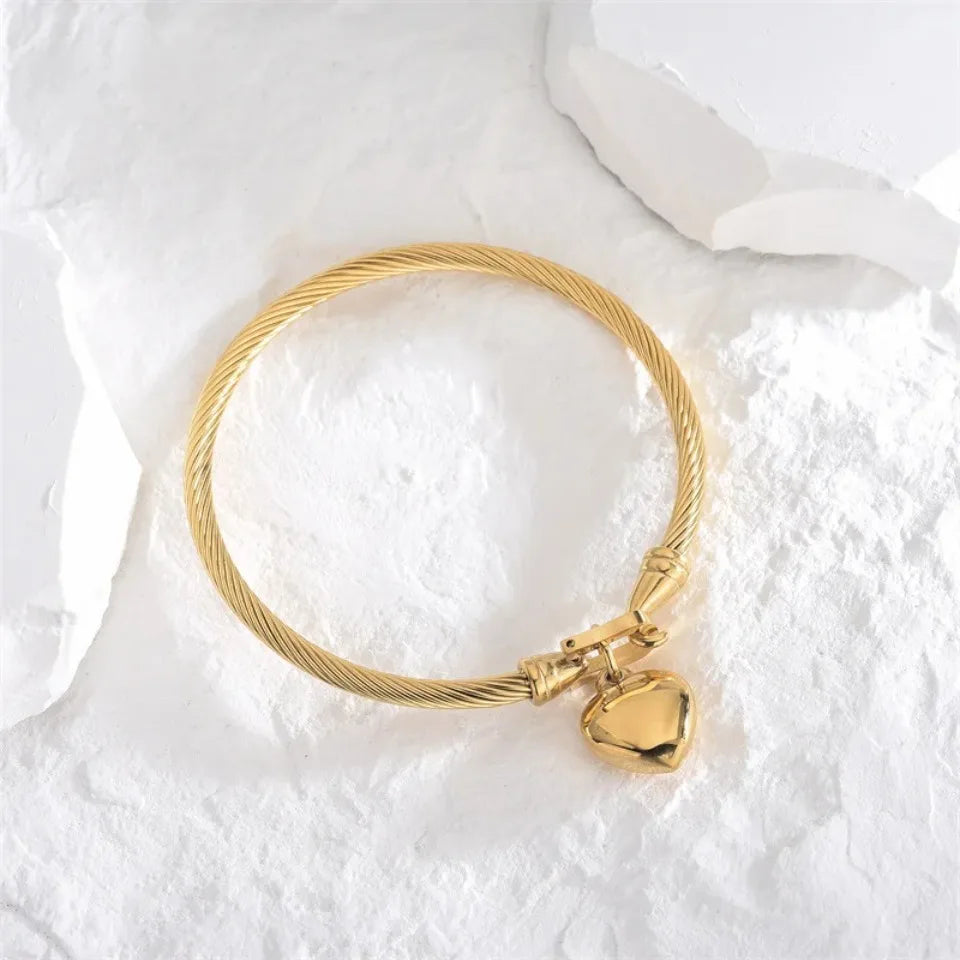 18k Gold Color Stainless Steel Heart Pendant Charm Bangle Bracelets for Men Women