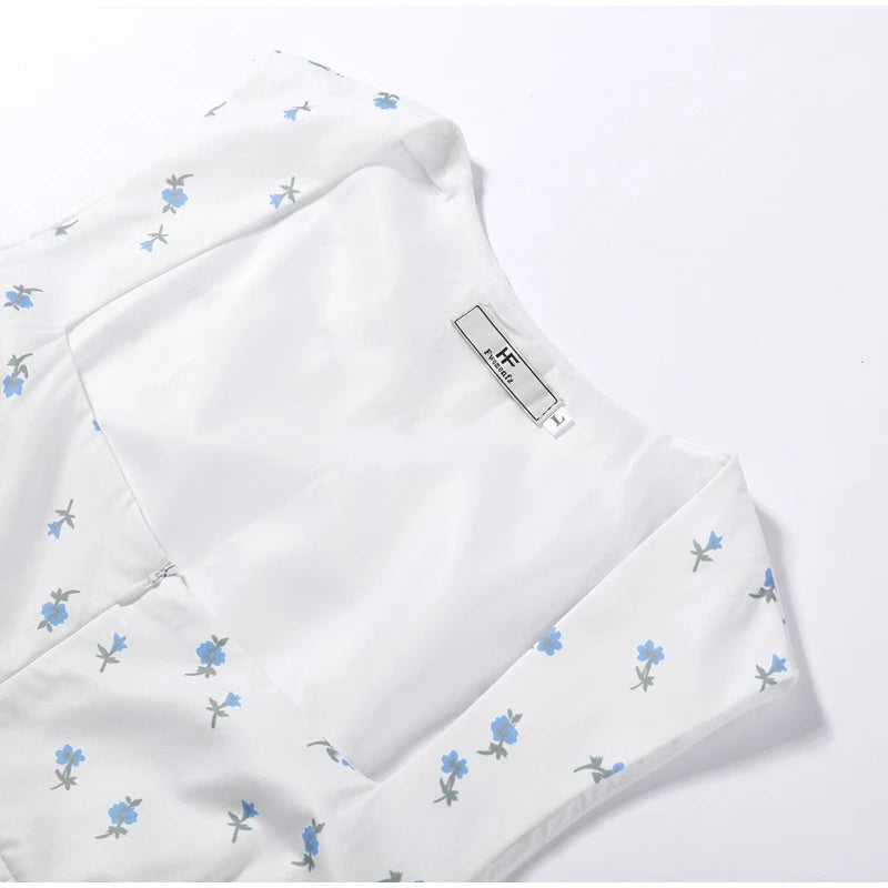 Elegant Printed Women's Dress Sleeveless Square Collar Waist-Closed Lady Mini Dresses With Waist Tape 2026 Summer Female Robe