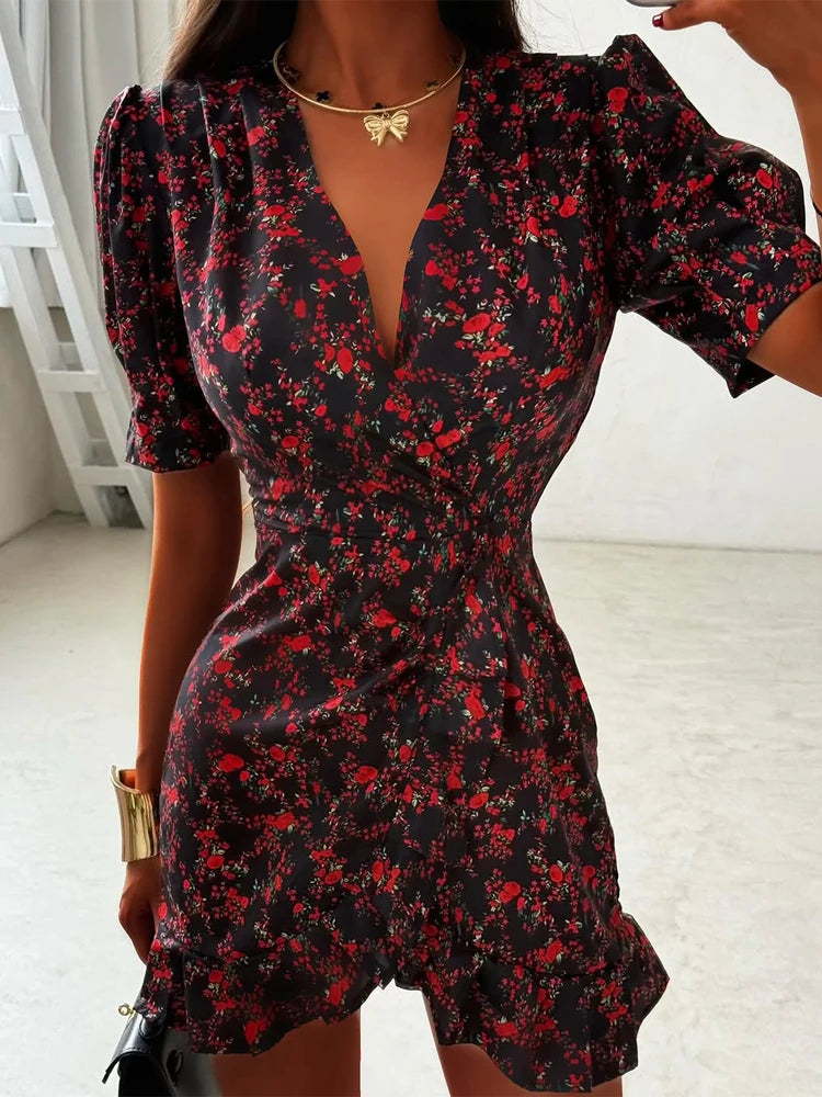 Elegant Print Low-cut Ruffle Short Dress Women V-neck Short-sleeved Waist Cinching Pleated Mini Dresses Casual Party Vestidos