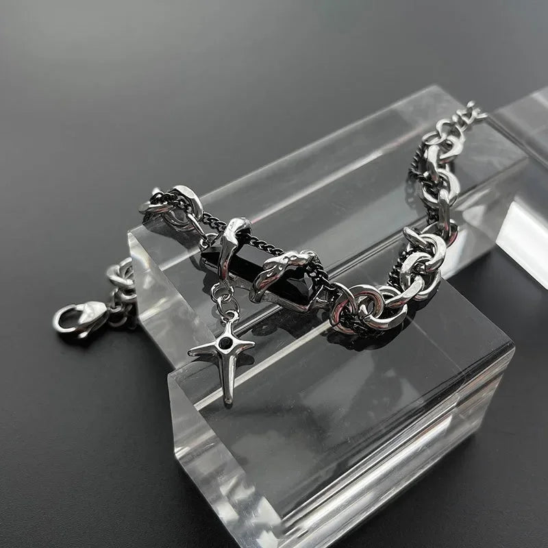 Men Bracelet 2024 Retro Black Zircon Star Chain Women Stainless Steel Punk Bracelets on Hand Unisex Jewelry Couple Accessories