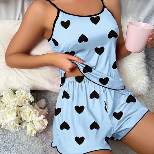 Women's Ice Silk Heart Print Pyjama Set – Round Neck T-Shirt & Shorts Summer Loungewear (B)