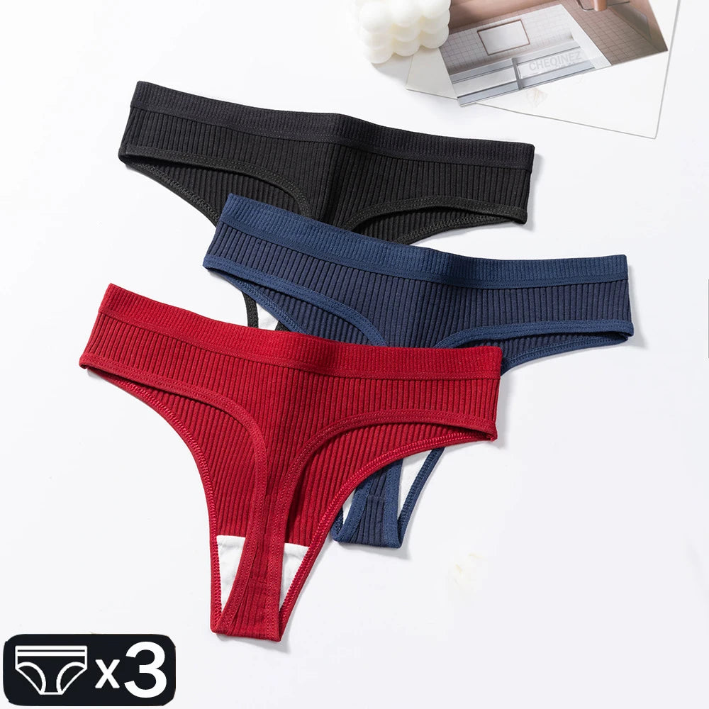 3Pcs/Set Thongs Women's Panties Striped Briefs Girls Solid Color Elastic Underwear Female Sexy Lingeries Hot Comfort G-string