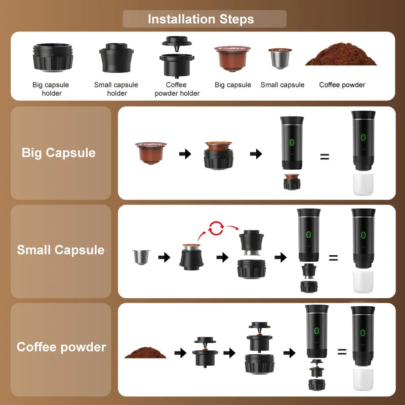 3-in-1 Portable Espresso Coffee Maker – Capsule, Powder & Travel Coffee Machine