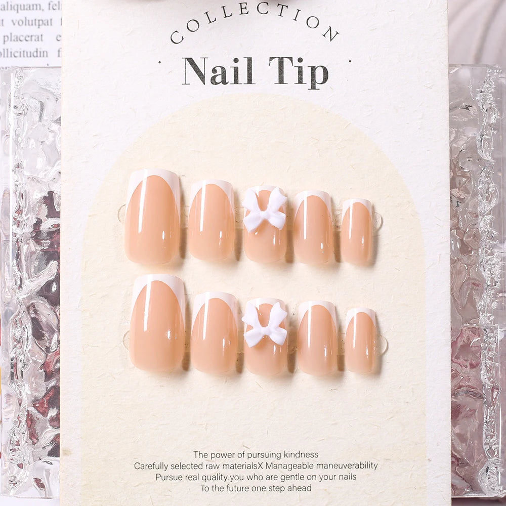 24Pcs White French Press On Nails 3D Bow Design Full Cover Wearable False Nails Short Square Head Ballet Fake Nails 2030