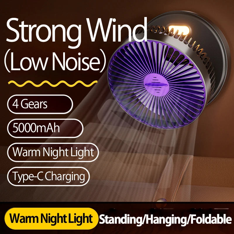 Rechargeable 3-in-1 Portable Fan with Night Light — Wall Mount, 90° Fold, 4 Speeds