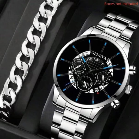 2-Pack Luxury Men's Quartz Watch Set – Stainless Steel Calendar Dial