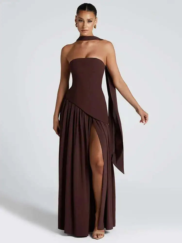 Elegant Off-shoulder Strapless Sexy Summer Party Women Gown Patchwork Pleat Scarf Neck Holiday Evening High Split Long Dresses