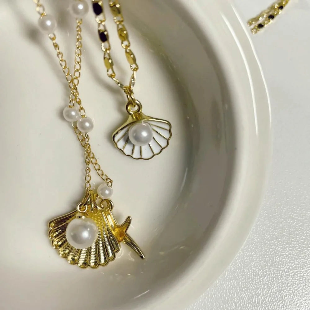 2-Piece Boho Gold Shell & Starfish Layered Necklace Set – Pearl Chain Women's Jewellery
