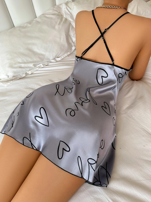 Heart & Letter Print Spaghetti Strap Sleep Nightdress