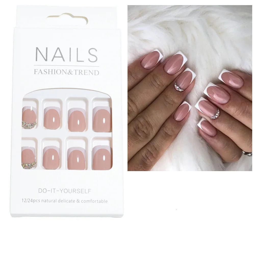 24pcs/set short square fake nails for women cute bride heart white french tips faux ongles y2k press on false nail supplies